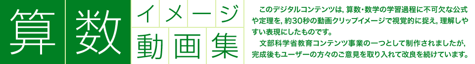 算数イメージ動画集：　このデジタルコンテンツは，算数・数学の学習過程に不可欠な公式や定理を，約30秒の動画クリップイメージで視覚的に捉え，理解しやすい表現にしたものです。文部科学省教育コンテンツ事業の一つとして制作されましたが，完成後もユーザーの方々のご意見を取り入れて改良を続けています。