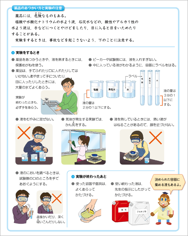 内容解説：薬品のあつかい方と実験の注意