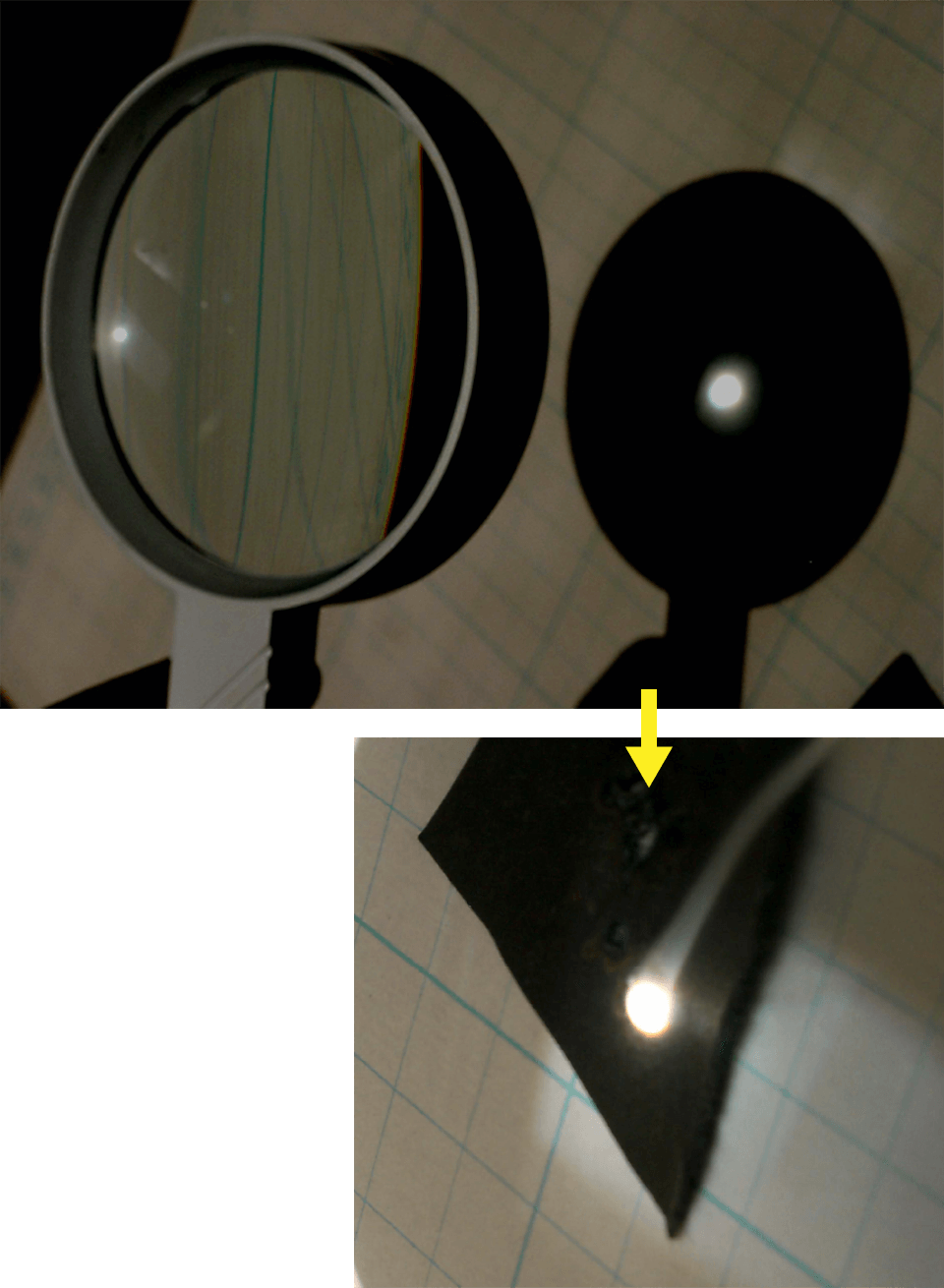 虫めがねで黒い紙から煙が
